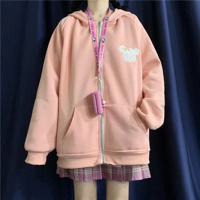 Bear Embroidered Bunny Ears Hooded Sweatshirt