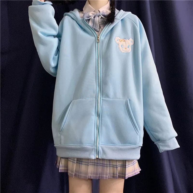 Bear Embroidered Bunny Ears Hooded Sweatshirt