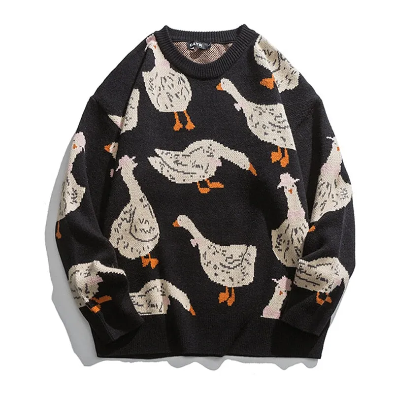 Japanese Knitted Sweater Men Cartoon Animal Duck Goose Print Pullover