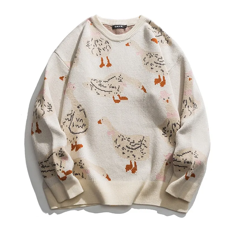 Japanese Knitted Sweater Men Cartoon Animal Duck Goose Print Pullover
