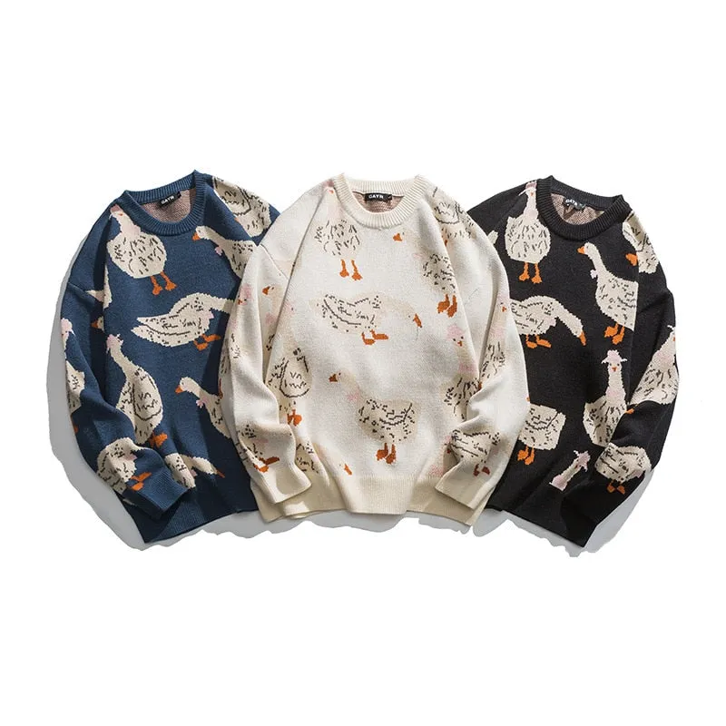 Japanese Knitted Sweater Men Cartoon Animal Duck Goose Print Pullover