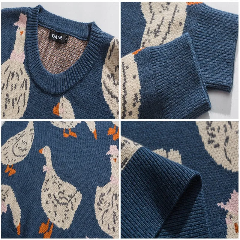Japanese Knitted Sweater Men Cartoon Animal Duck Goose Print Pullover