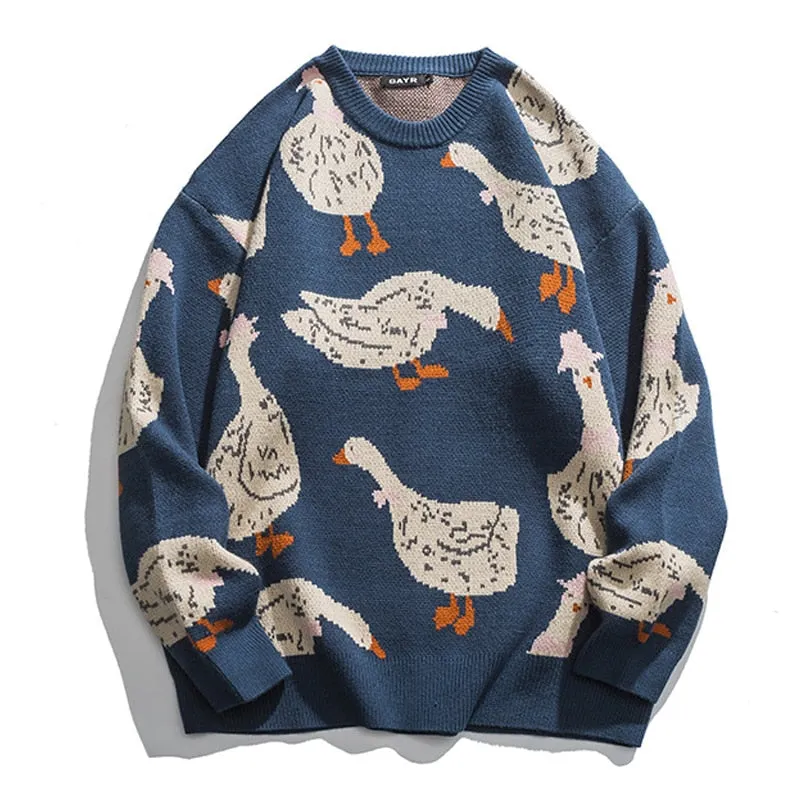 Japanese Knitted Sweater Men Cartoon Animal Duck Goose Print Pullover