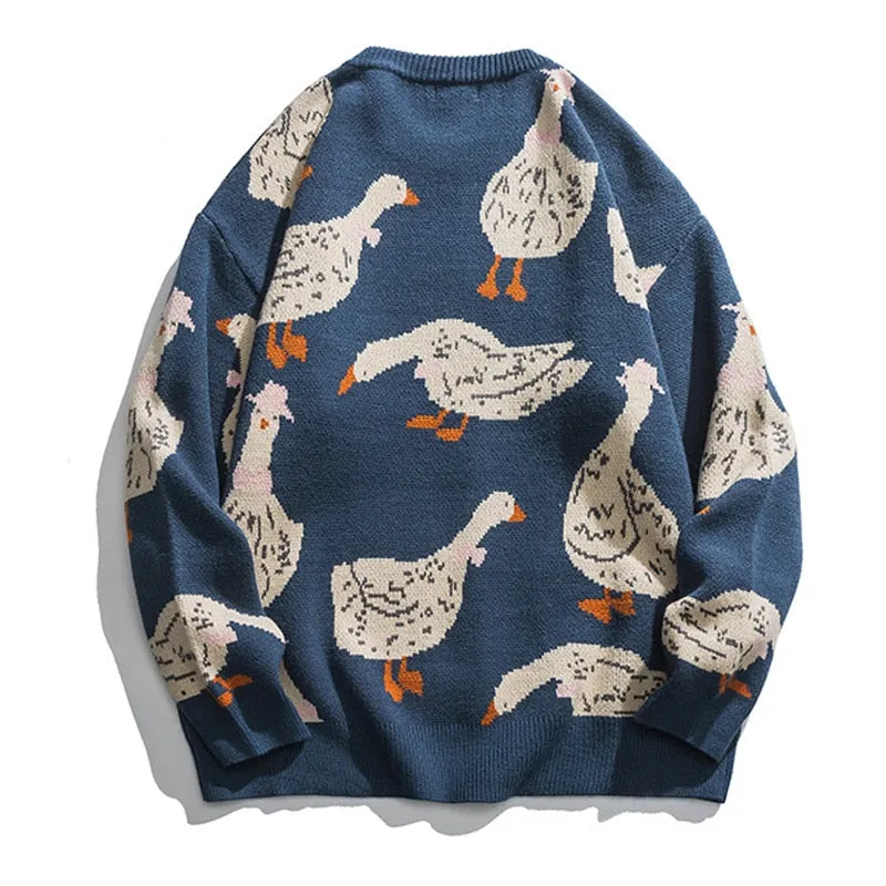Japanese Knitted Sweater Men Cartoon Animal Duck Goose Print Pullover