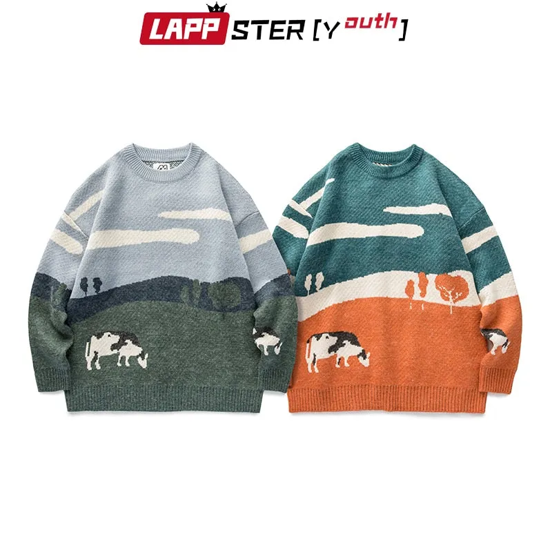 LAPPSTER-Youth Men Cows Vintage Winter Sweaters 2023 Pullover Mens