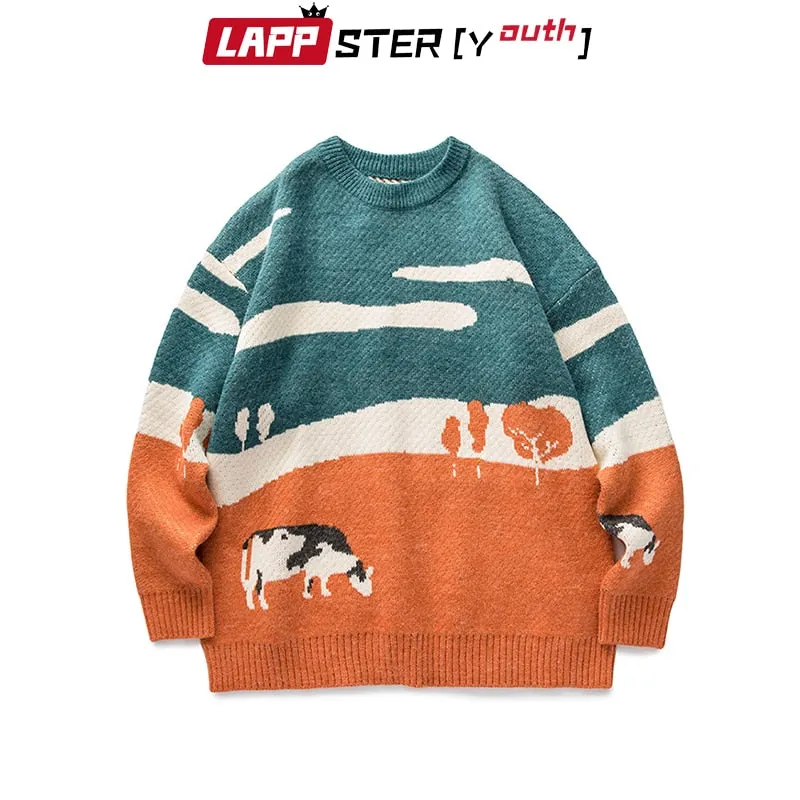 LAPPSTER-Youth Men Cows Vintage Winter Sweaters 2023 Pullover Mens