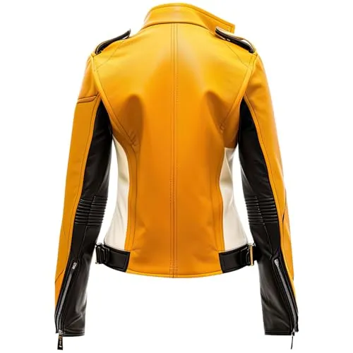 Leather Jets Womens Yellow White Genuine Sheepskin Asymmetric Biker Lapel Collar Sportswear Caf Racer Leather Jacket