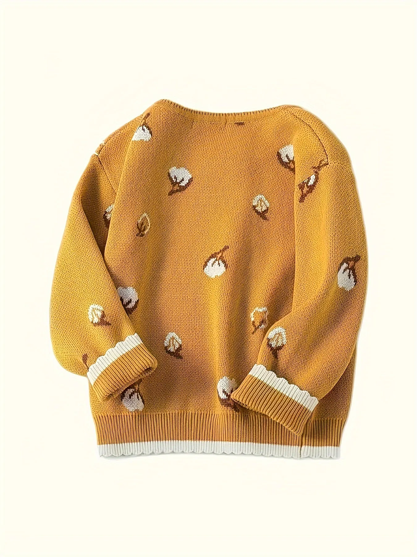 New Season Little Girls Fashionable Cotton Long Sleeve Crew Neck Ditsy Floral Knitted Sweater - Soft Medium Stretch Fabric, Regular Fit, Hand Washable - Perfect for Spring and Fall Casual Wear