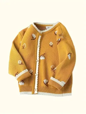 New Season Little Girls Fashionable Cotton Long Sleeve Crew Neck Ditsy Floral Knitted Sweater - Soft Medium Stretch Fabric, Regular Fit, Hand Washable - Perfect for Spring and Fall Casual Wear