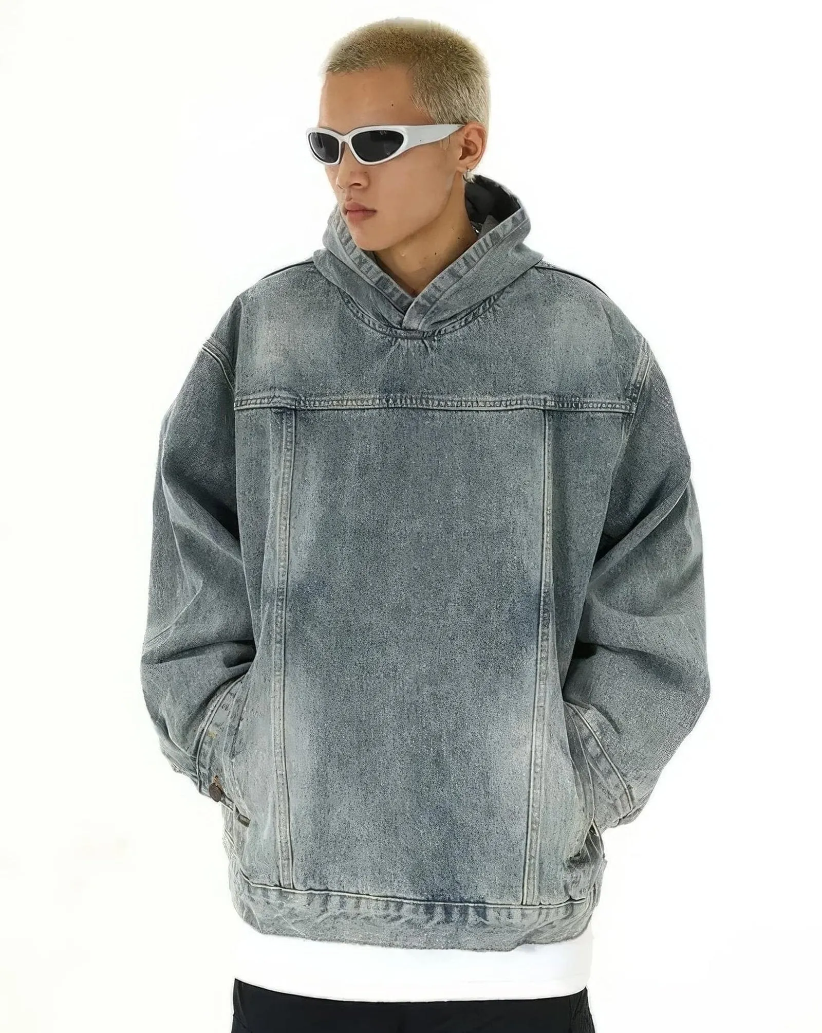 Oversized Distressed Denim Hoodie