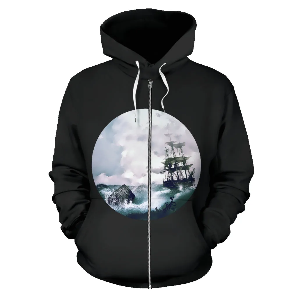 Ship and Waves Print Zip-Up Hoodie