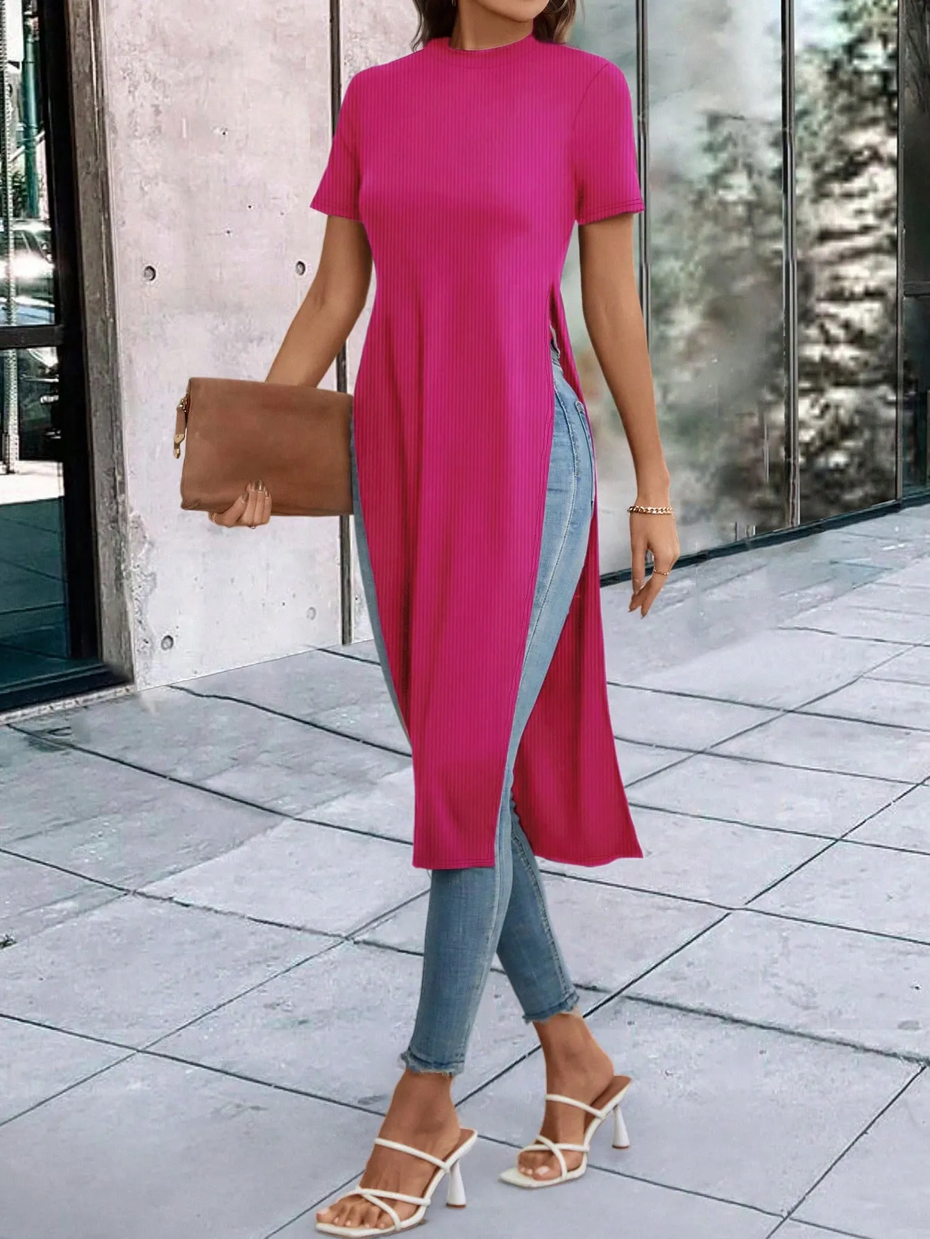 Solid Split Thigh Longline Tee