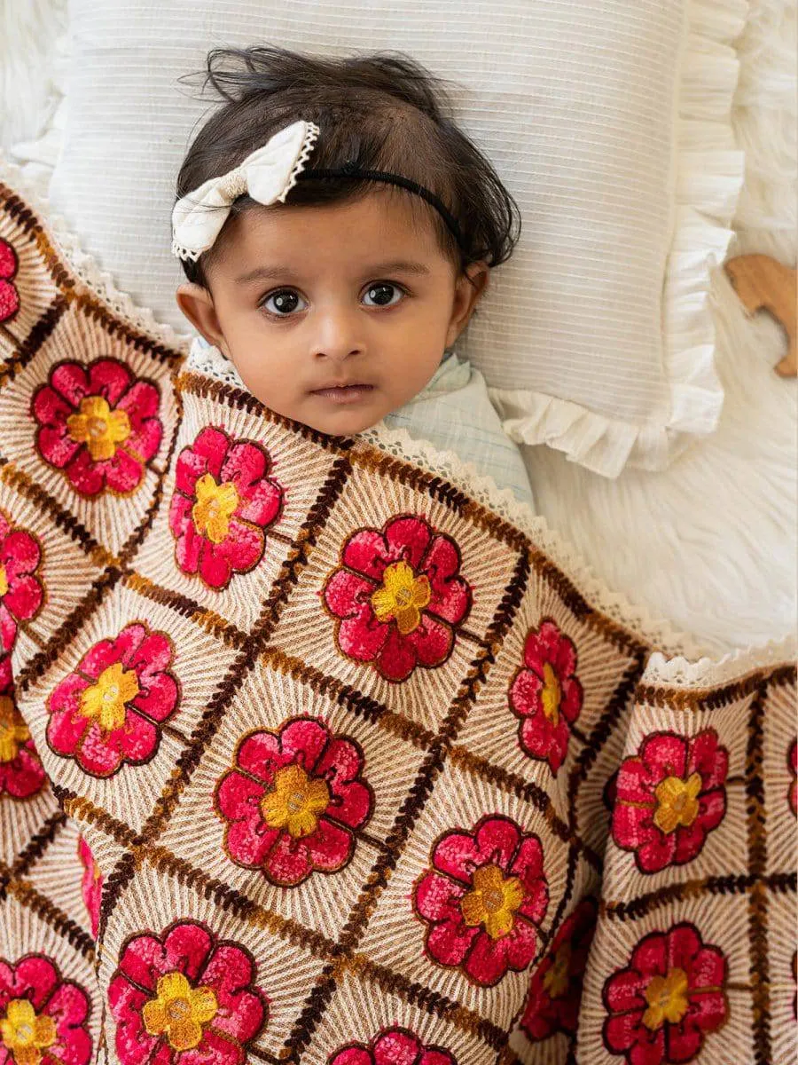 Woollen Red Rose Embroidered Reversible Luxury Baby Kids Blanket