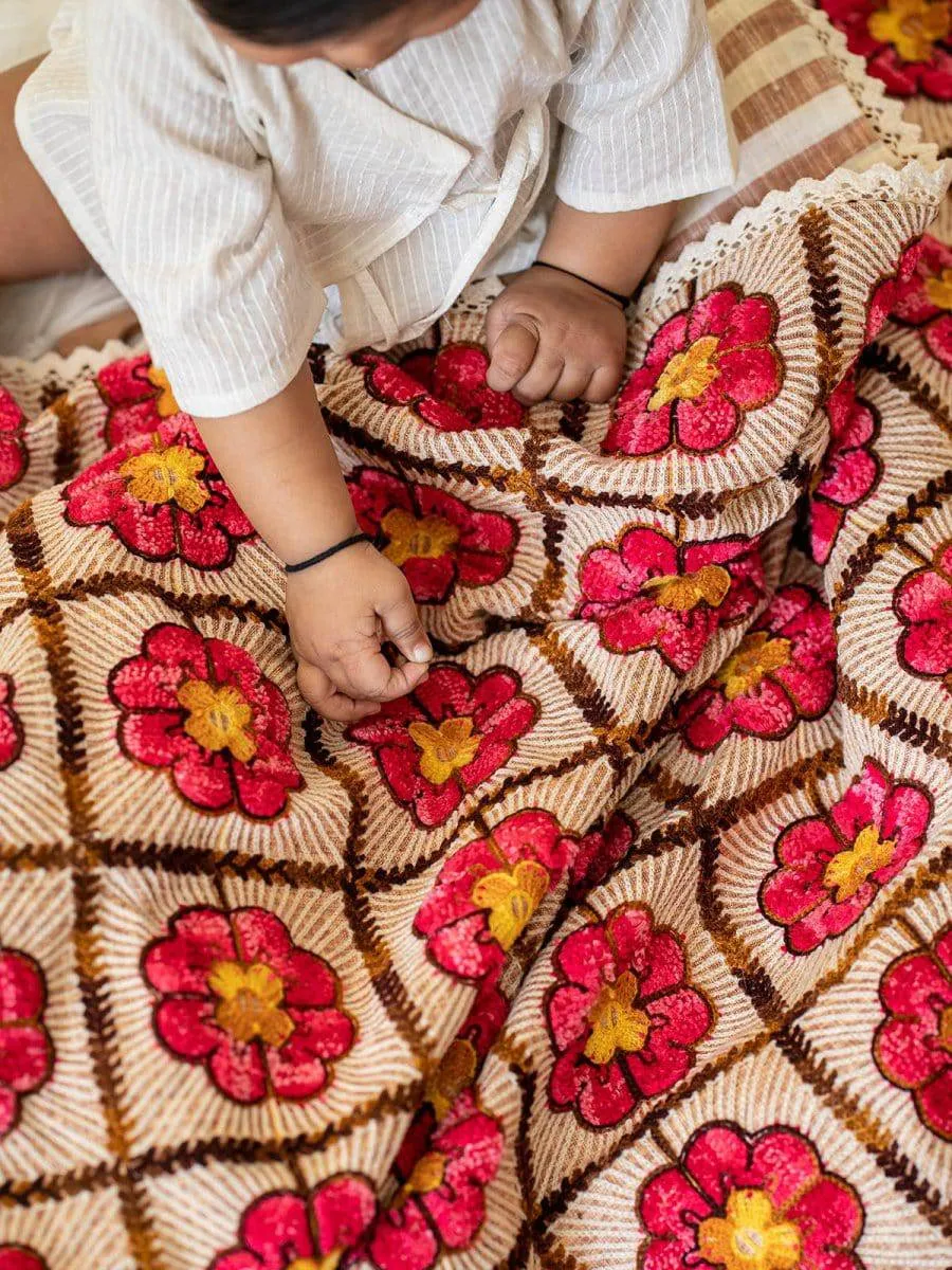 Woollen Red Rose Embroidered Reversible Luxury Baby Kids Blanket