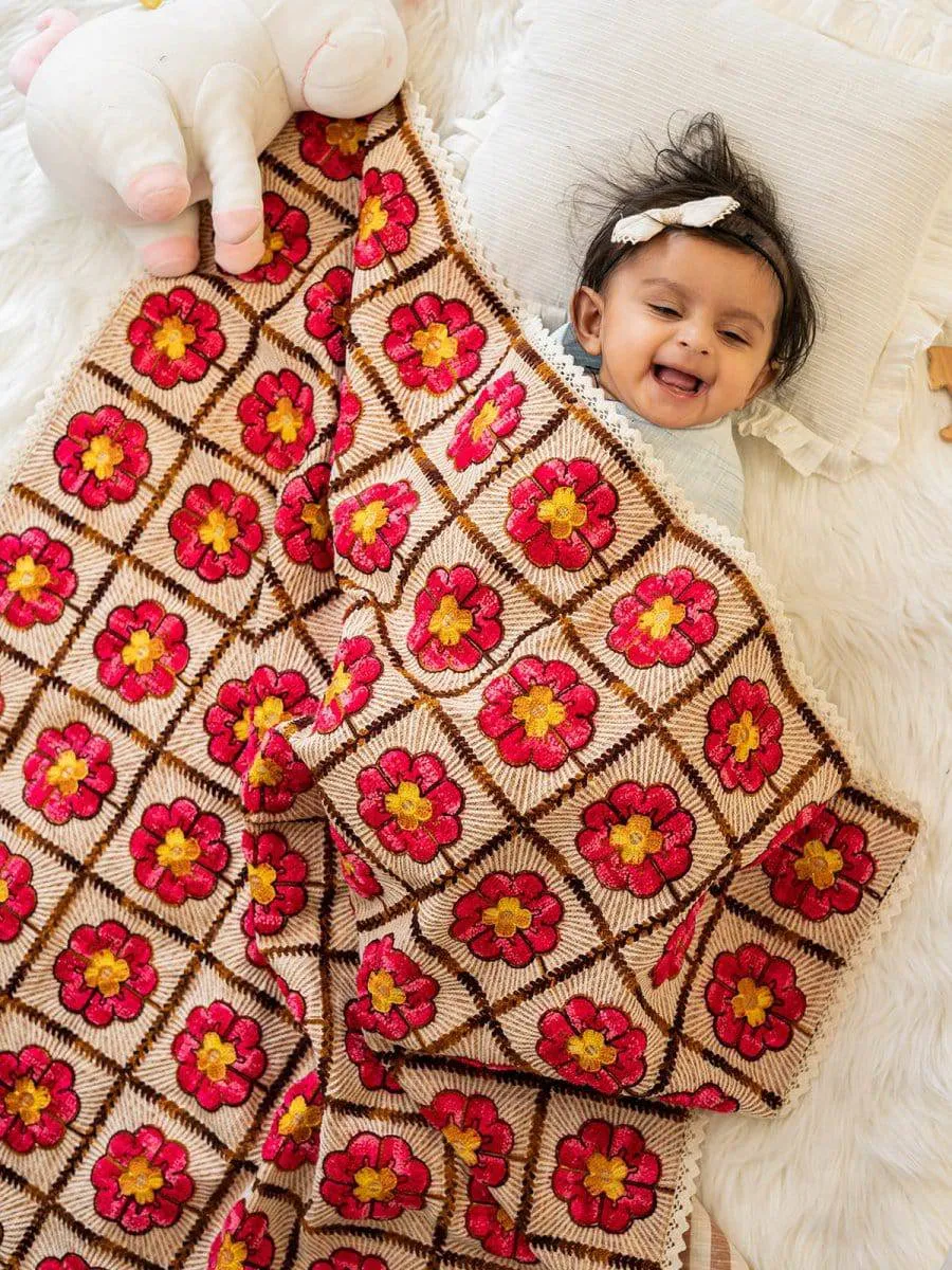 Woollen Red Rose Embroidered Reversible Luxury Baby Kids Blanket