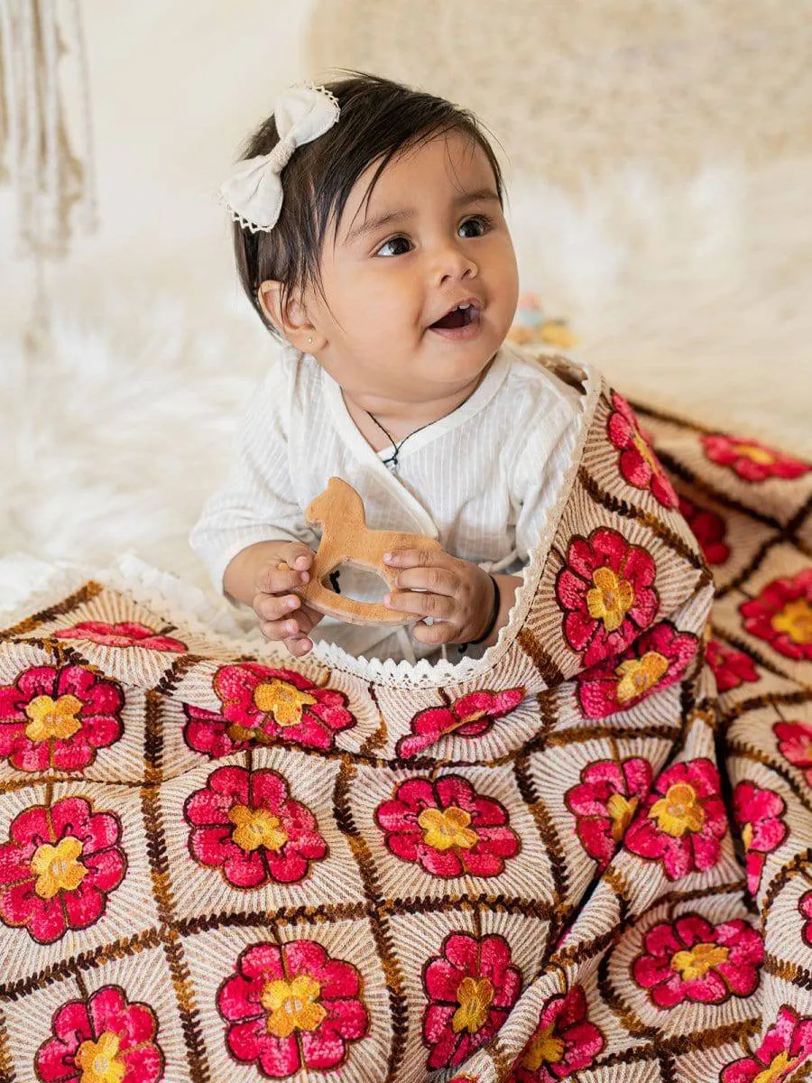 Woollen Red Rose Embroidered Reversible Luxury Baby Kids Blanket